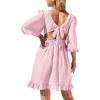imageEXLURA Womens Swiss Dot V Neck Drawstring Mini Dress Tie Back Backless Short Dress Puff Elbow Sleeve Ruffle Dresses Blush Pink