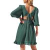 imageEXLURA Womens Swiss Dot V Neck Drawstring Mini Dress Tie Back Backless Short Dress Puff Elbow Sleeve Ruffle Dresses Dark Green