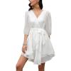 imageEXLURA Womens V Neck Ruffle Summer Wrap Dress Asymmetrical Tiered ALine 34 Puff Sleeve Swing Flowy Mini Dress