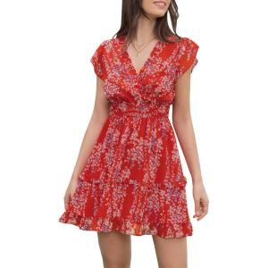 imageEXLURA Womens 2023 Summer Floral Mini Dress V Neck Short Ruffle Sleeve Sundress