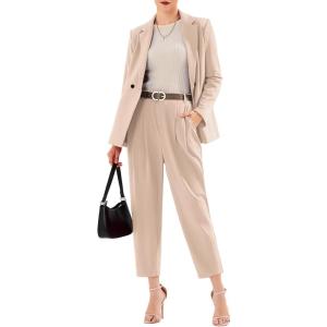 imageEXLURA Womens Business Blazer and High Elastic Waist Pant Suit Set Loose Fit Casual Fall Winter 2 Piece Suits for WorkApricot