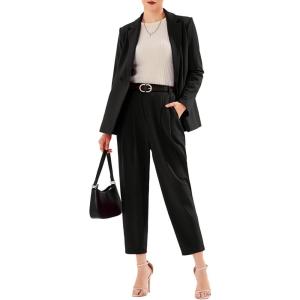 imageEXLURA Womens Business Blazer and High Elastic Waist Pant Suit Set Loose Fit Casual Fall Winter 2 Piece Suits for WorkBlack