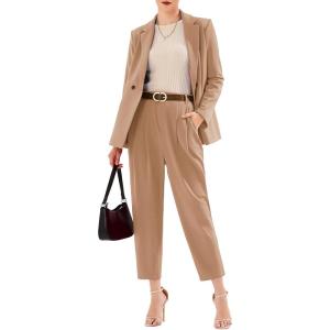 imageEXLURA Womens Business Blazer and High Elastic Waist Pant Suit Set Loose Fit Casual Fall Winter 2 Piece Suits for WorkBrown