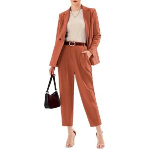 imageEXLURA Womens Business Blazer and High Elastic Waist Pant Suit Set Loose Fit Casual Fall Winter 2 Piece Suits for WorkCaramel