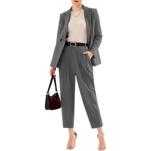 imageEXLURA Womens Business Blazer and High Elastic Waist Pant Suit Set Loose Fit Casual Fall Winter 2 Piece Suits for WorkDark Grey