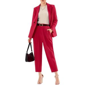 imageEXLURA Womens Business Blazer and High Elastic Waist Pant Suit Set Loose Fit Casual Fall Winter 2 Piece Suits for WorkRed