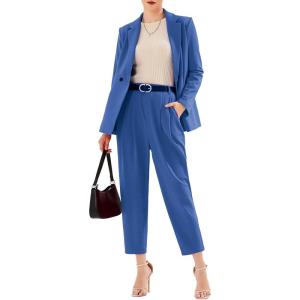 imageEXLURA Womens Business Blazer and High Elastic Waist Pant Suit Set Loose Fit Casual Fall Winter 2 Piece Suits for WorkRoyal Blue