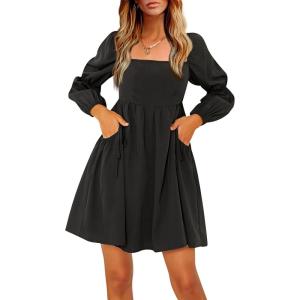 imageEXLURA Womens Casual Mini Dress Square Neck Long Puff Sleeve Dress Empire Waist Boho Wedding Guest Dress with Pockets Black