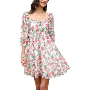 imageEXLURA Womens Off Shoulder Tie Back Drawstring Ditsy Floral Dress Puff Sleeve Sundress Square Neck Ruffle Summer Mini Dress Pink