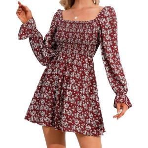 imageEXLURA Womens Square Neck Long Sleeve Dress High Waist Off Shoulder Smocked a Line Ruffle Swing Ditsy Short Mini Dress
