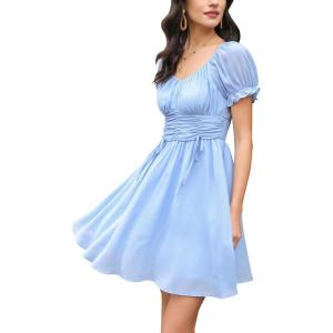 imageEXLURA Womens Summer Dress Short Smocked Ruffle Sundress Off Shoulder Ruched Flowy Smocked Swing Mini Dresses