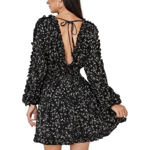 imageEXLURA Womens V Neck Ruffle Floral Boho Mini Dress Backless Batwing Long Sleeve Vintage Wedding Guest Dress