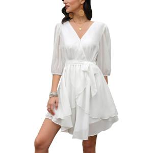 imageEXLURA Womens V Neck Ruffle Summer Wrap Dress Asymmetrical Tiered ALine 34 Puff Sleeve Swing Flowy Mini Dress