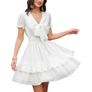 imageEXLURA Womens V Neck Summer Ruffle Dress Sundress Tiered Smocked Tie Front Short Puff Sleeve Swing Mini Dress AWhite
