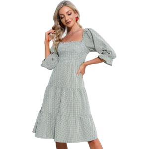 imageExlura Womens Back Tie Knot Square Neck Smocked Bust Puff Elbow Sleeve Ruffle Plaid Tiered Midi Dress