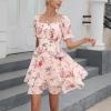 imageEXLURA Womens Summer Dress Floral Ruffle Tiered Square Neck Sundress Short Sleeve Off Shoulder Smocked Mini DressesShortsleevepink