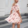 imageEXLURA Womens Summer Dress Floral Ruffle Tiered Square Neck Sundress Short Sleeve Off Shoulder Smocked Mini DressesShortsleevepink