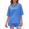 imageEXLURA Womens Summer Two Piece Sets Lounge Tracksuit Outfits Sweatsuit Casual Short Sleeve Tops and Shorts with Pockets 2025Blue