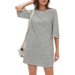 imageEXLURA Womens 2025 Summer Oversized Short Sleeve T Shirt Dress Casual Crew Neck Striped Tops Loose Sundress with PocketsWhite Black