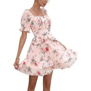 imageEXLURA Womens Summer Dress Floral Ruffle Tiered Square Neck Sundress Short Sleeve Off Shoulder Smocked Mini DressesShortsleevepink