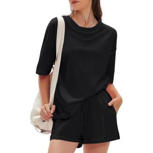 imageEXLURA Womens Summer Two Piece Sets Lounge Tracksuit Outfits Sweatsuit Casual Short Sleeve Tops and Shorts with Pockets 2025Black