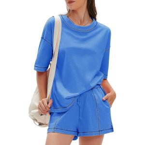 imageEXLURA Womens Summer Two Piece Sets Lounge Tracksuit Outfits Sweatsuit Casual Short Sleeve Tops and Shorts with Pockets 2025Blue