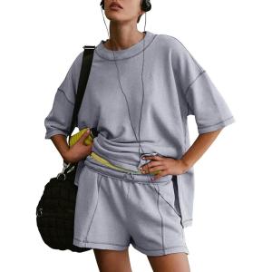 imageEXLURA Womens Summer Two Piece Sets Lounge Tracksuit Outfits Sweatsuit Casual Short Sleeve Tops and Shorts with Pockets 2025Grey