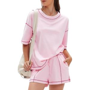 imageEXLURA Womens Summer Two Piece Sets Lounge Tracksuit Outfits Sweatsuit Casual Short Sleeve Tops and Shorts with Pockets 2025Pink