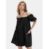 imageEXLURA Womens Summer Denim Short Puff Sleeve Dresses Knit Loose Plus Size Short Mini Dress 2025 Trendy OutfitBlack