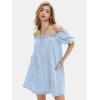 imageEXLURA Womens Summer Denim Short Puff Sleeve Dresses Knit Loose Plus Size Short Mini Dress 2025 Trendy OutfitLight Blue