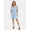 imageEXLURA Womens Summer Denim Short Puff Sleeve Dresses Knit Loose Plus Size Short Mini Dress 2025 Trendy OutfitLight Blue