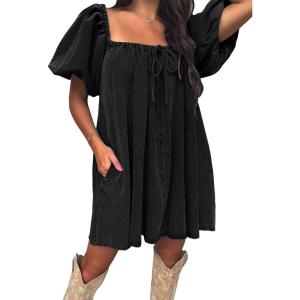 imageEXLURA Womens Summer Denim Short Puff Sleeve Dresses Knit Loose Plus Size Short Mini Dress 2025 Trendy OutfitBlack