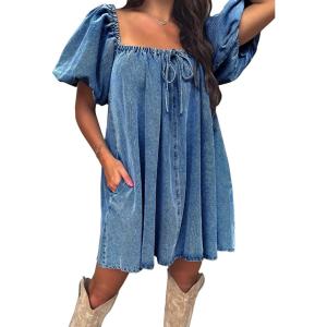 imageEXLURA Womens Summer Denim Short Puff Sleeve Dresses Knit Loose Plus Size Short Mini Dress 2025 Trendy OutfitBlue