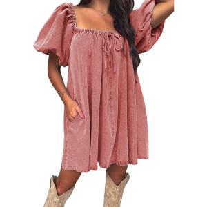 imageEXLURA Womens Summer Denim Short Puff Sleeve Dresses Knit Loose Plus Size Short Mini Dress 2025 Trendy OutfitDate Red
