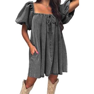 imageEXLURA Womens Summer Denim Short Puff Sleeve Dresses Knit Loose Plus Size Short Mini Dress 2025 Trendy OutfitGrey
