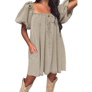 imageEXLURA Womens Summer Denim Short Puff Sleeve Dresses Knit Loose Plus Size Short Mini Dress 2025 Trendy OutfitKhaki