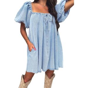 imageEXLURA Womens Summer Denim Short Puff Sleeve Dresses Knit Loose Plus Size Short Mini Dress 2025 Trendy OutfitLight Blue