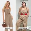 imageEXLURA Womens Summer Casual Dressy Jumpsuits Loose Overalls One Piece Sleeveless Wide Leg Pant Rompers with Pockets 2025Light Brown