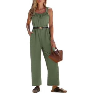 imageEXLURA Womens Summer Casual Dressy Jumpsuits Loose Overalls One Piece Sleeveless Wide Leg Pant Rompers with Pockets 2025Army Green