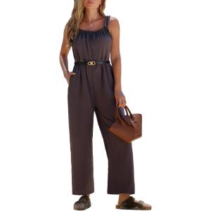 imageEXLURA Womens Summer Casual Dressy Jumpsuits Loose Overalls One Piece Sleeveless Wide Leg Pant Rompers with Pockets 2025Dark Grey