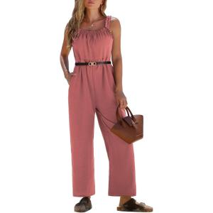 imageEXLURA Womens Summer Casual Dressy Jumpsuits Loose Overalls One Piece Sleeveless Wide Leg Pant Rompers with Pockets 2025Rust Red