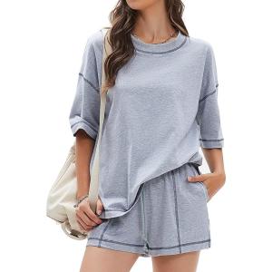 imageEXLURA Womens Casual Summer 2 Piece Sets 100 Cotton Short Sleeve Tshirt and Shorts Matching Sweatsuits Lounge Set 2025Grey
