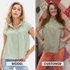 imageEXLURA Womens 2025 Summer Cap Sleeve Tops Loose Button Down Dress Shirt Casual V Neck Pleated Textured Work BlouseGrey Green