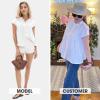 imageEXLURA Womens 2025 Summer Cap Sleeve Tops Loose Button Down Dress Shirt Casual V Neck Pleated Textured Work BlouseWhite