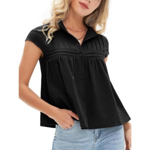 imageEXLURA Womens 2025 Summer Cap Sleeve Tops Loose Button Down Dress Shirt Casual V Neck Pleated Textured Work BlouseBlack