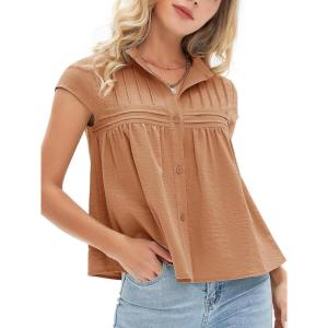 imageEXLURA Womens 2025 Summer Cap Sleeve Tops Loose Button Down Dress Shirt Casual V Neck Pleated Textured Work BlouseCaramel