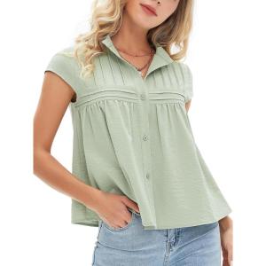 imageEXLURA Womens 2025 Summer Cap Sleeve Tops Loose Button Down Dress Shirt Casual V Neck Pleated Textured Work BlouseGrey Green