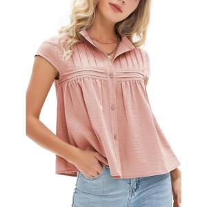 imageEXLURA Womens 2025 Summer Cap Sleeve Tops Loose Button Down Dress Shirt Casual V Neck Pleated Textured Work BlouseOrange Pink
