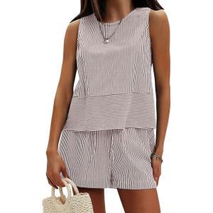 imageEXLURA Womens Summer 2 Piece Outfits Sleeveless Tank Top Matching Shorts Sets Cotton Striped Sweatsuits Vacation Beach 2025Coffee White