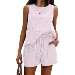 imageEXLURA Womens Summer 2 Piece Outfits Sleeveless Tank Top Matching Shorts Sets Cotton Striped Sweatsuits Vacation Beach 2025Pink